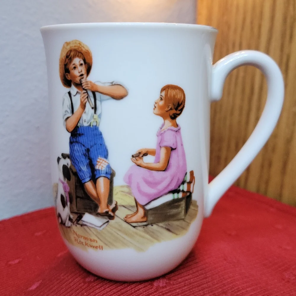 1 Vtg '82 Norman Rockwell Museum Cup Boy Girlfriend Puppy Music Master Gold Trim